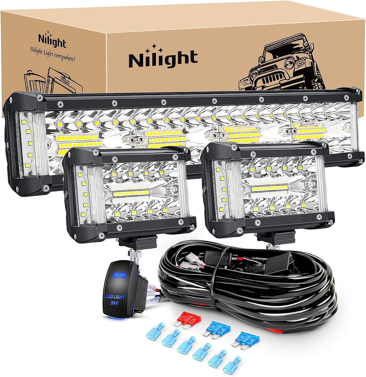 Nilight Side Shooter LED Light Bar Set 12 Inch Triple Row Spot Flood Combo Lights 2PCS 4.3Inch Pods with 5Pin Rocker Switch Wiring Harness Kit for Off-Road Truck ATV UTV Boat