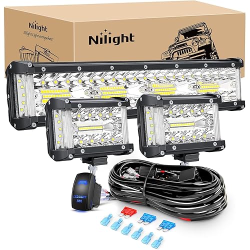 Nilight Side Shooter LED Light Bar Set 12 Inch Triple Row Spot Flood Combo Lights 2PCS 4.3Inch Pods with 5Pin Rocker Switch Wiring Harness Kit for Off-Road Truck ATV UTV Boat