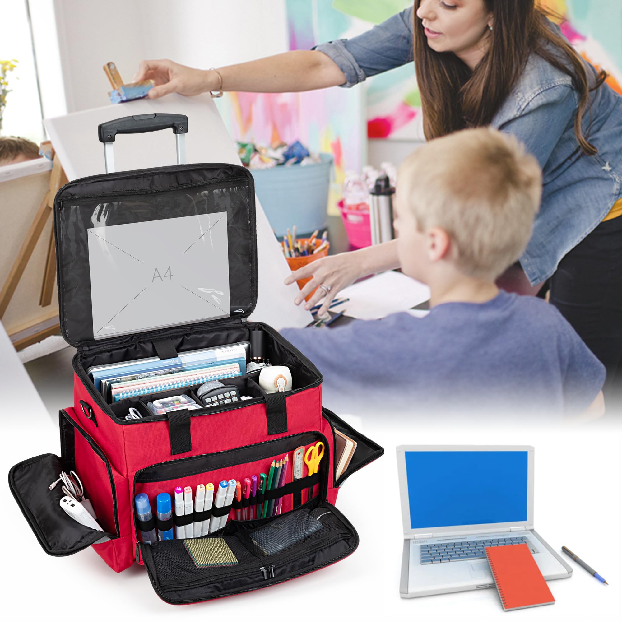 CURMIO Lehrertasche mit Rollen, Teacher Arbeitstasche Damen mit Gepolstertem Fach für bis zu 14” Laptop, Multifunktionale Schultrolley für Unterricht, Büro, Basteln (Nur Tasche), Rot
