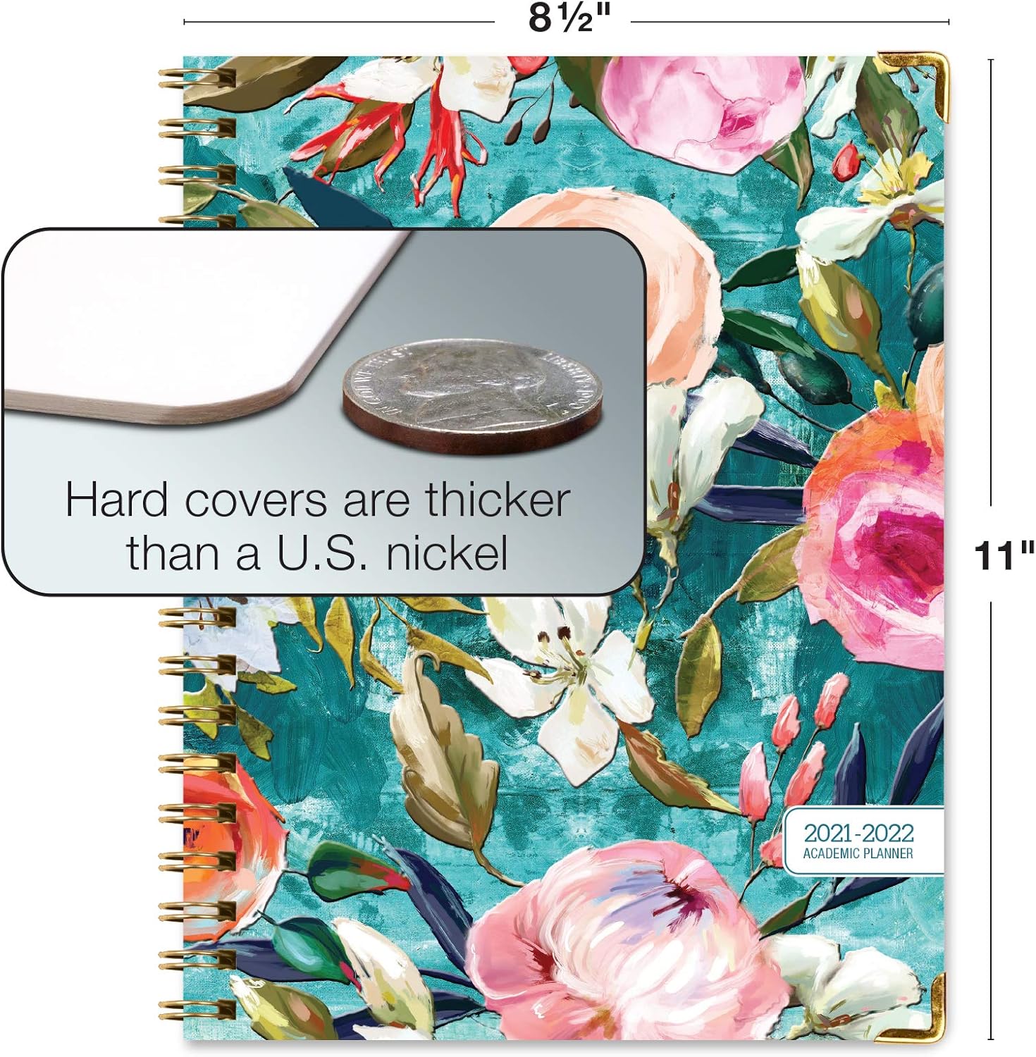 HARDCOVER Academic Year 2021-2022 Planner: (June 2021 Through July 2022) 8.5"x11" Daily Weekly Monthly Planner Yearly Agenda. Bookmark, Pocket Folder and Sticky Note Set (Teal Floral) : Office Products