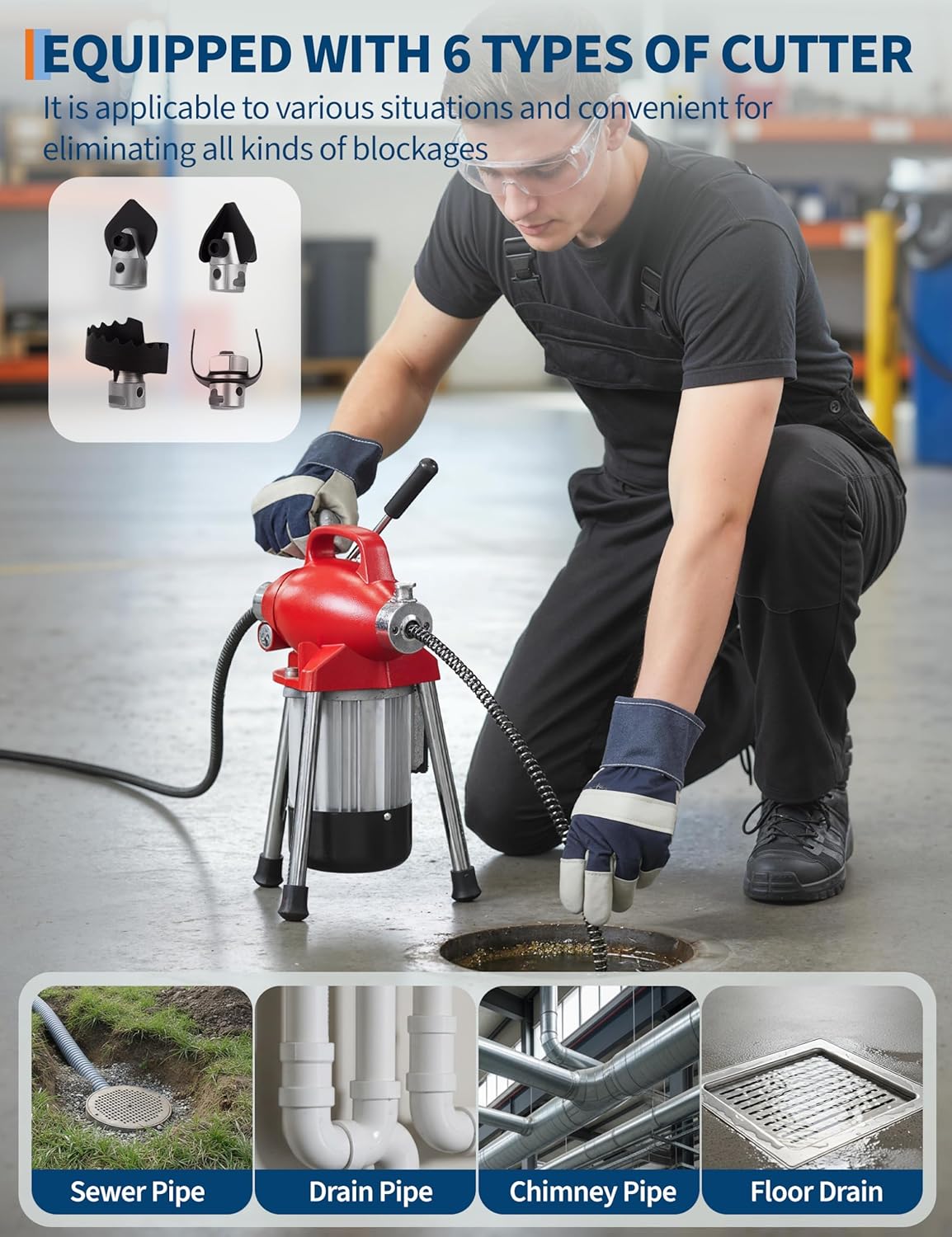 Drain Cleaner Machine, 500W Electric Pipe Auger with 66FT x 5/8" & 16FT x 3/8" Cables, 7 Cutters, Auto-Feed System for 3/4" to 4" Pipes, Red
