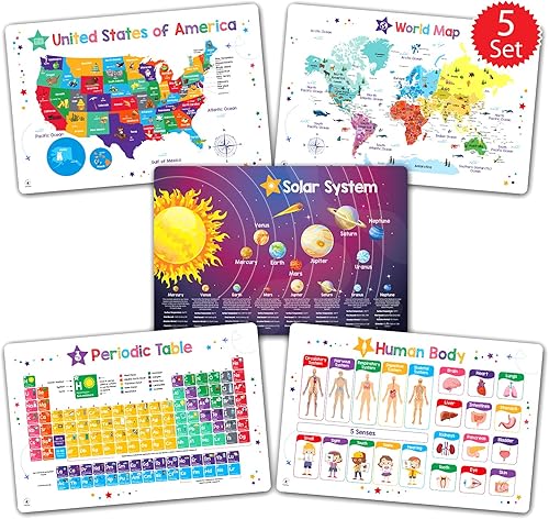 Simply Magic Discovery - Juego de 5 manteles individuales educativos para niños, manteles individuales antideslizantes para mesa de comedor,
