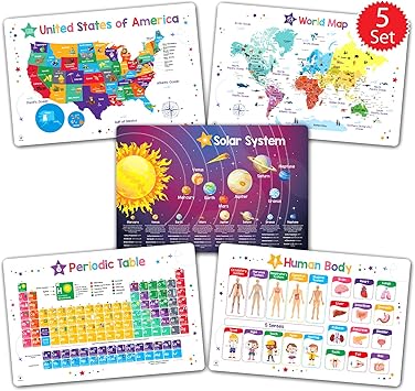 Simply Magic Discovery Set of 5 Educational Placemats for Kids - Kids Placemats Non Slip for Dining Table, Wipeable Reusable Plastic Learning Place Mats USA, World Map, Periodic Table, Solar System