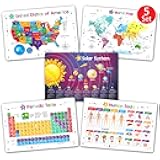 Simply Magic Discovery Set of 5 Educational Placemats for Kids - Kids Placemats Non Slip for Dining Table, Wipeable Reusable Plastic Learning Place Mats: USA, World Map, Periodic Table, Solar System