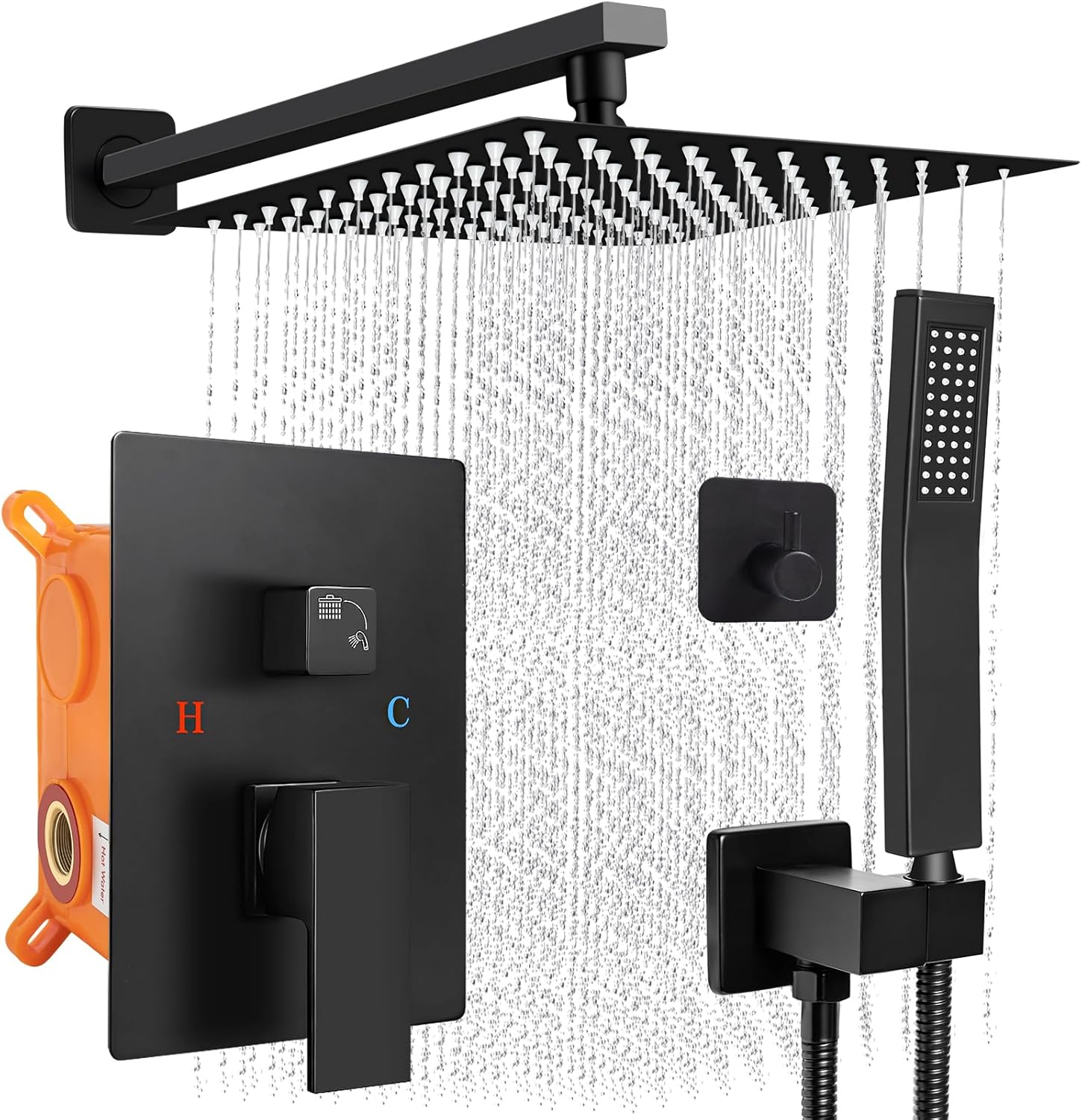 Shower Faucet Set – 12″ Matte Black Shower Head and Handle Set : Ceiling Rainfall Shower System with Square Rain Shower Head and High Pressure Handheld Spray Combo, Shower Valve and Trim Kit