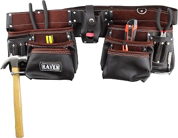RAVEN Top Grain Oiled Leather Tool Belt | 13 Pockets & 2 Hammer Holders | 22" 55.9 cm x 9" 22.9 cm | Adjustable 34" to 46" 86.4 to 116.8 cm Waist | Heavy Duty & Versatile | Perfect for Roofers
