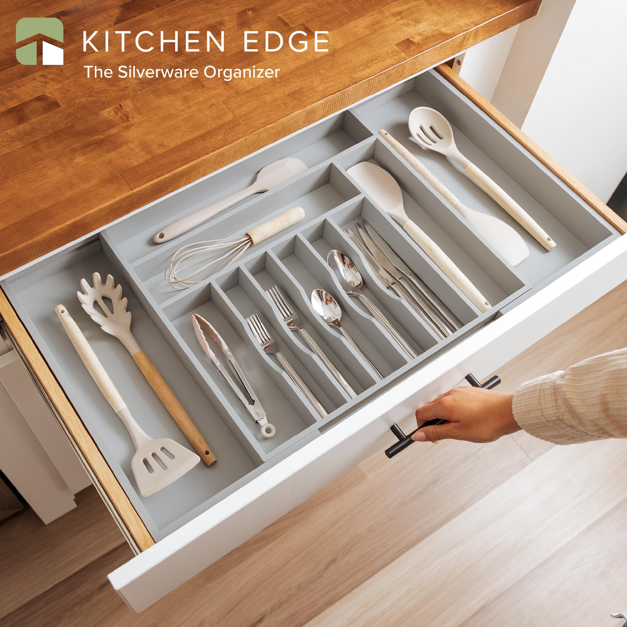 KitchenEdge Organizer do szuflad kuchennych na srebra, sztućce i przybory, jakość premium, bezpieczny w kontakcie z żywnością, z możliwością rozszerzenia od 45,7 do 83,3 cm, szary bambus