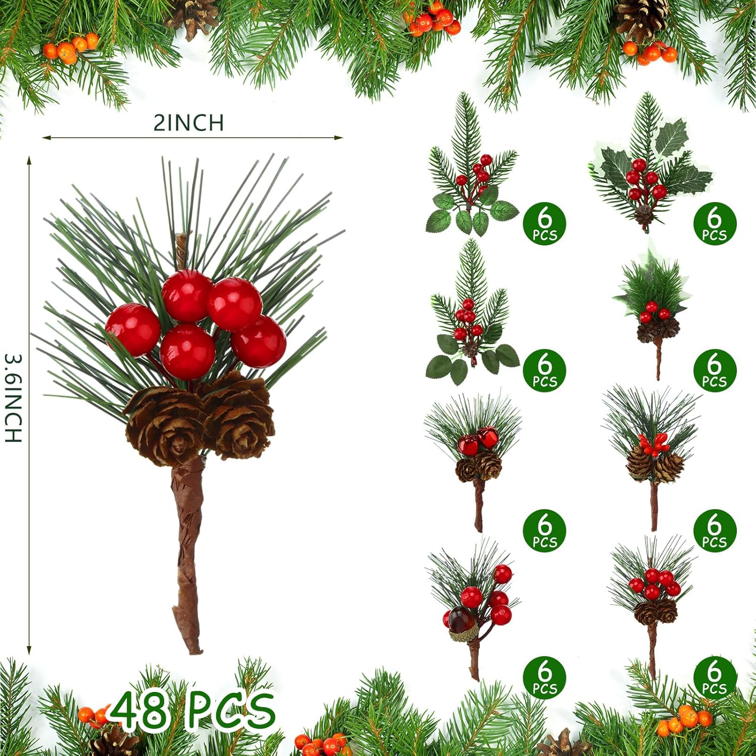 48 Pcs Christmas Picks and Sprays Christmas Tree Floral Picks Holly Red Berry Stem Spray Greenery for Craft Artificial Faux Pine Branches Cone Branches for Tree Home Decor Garland Wreath (Vivid)