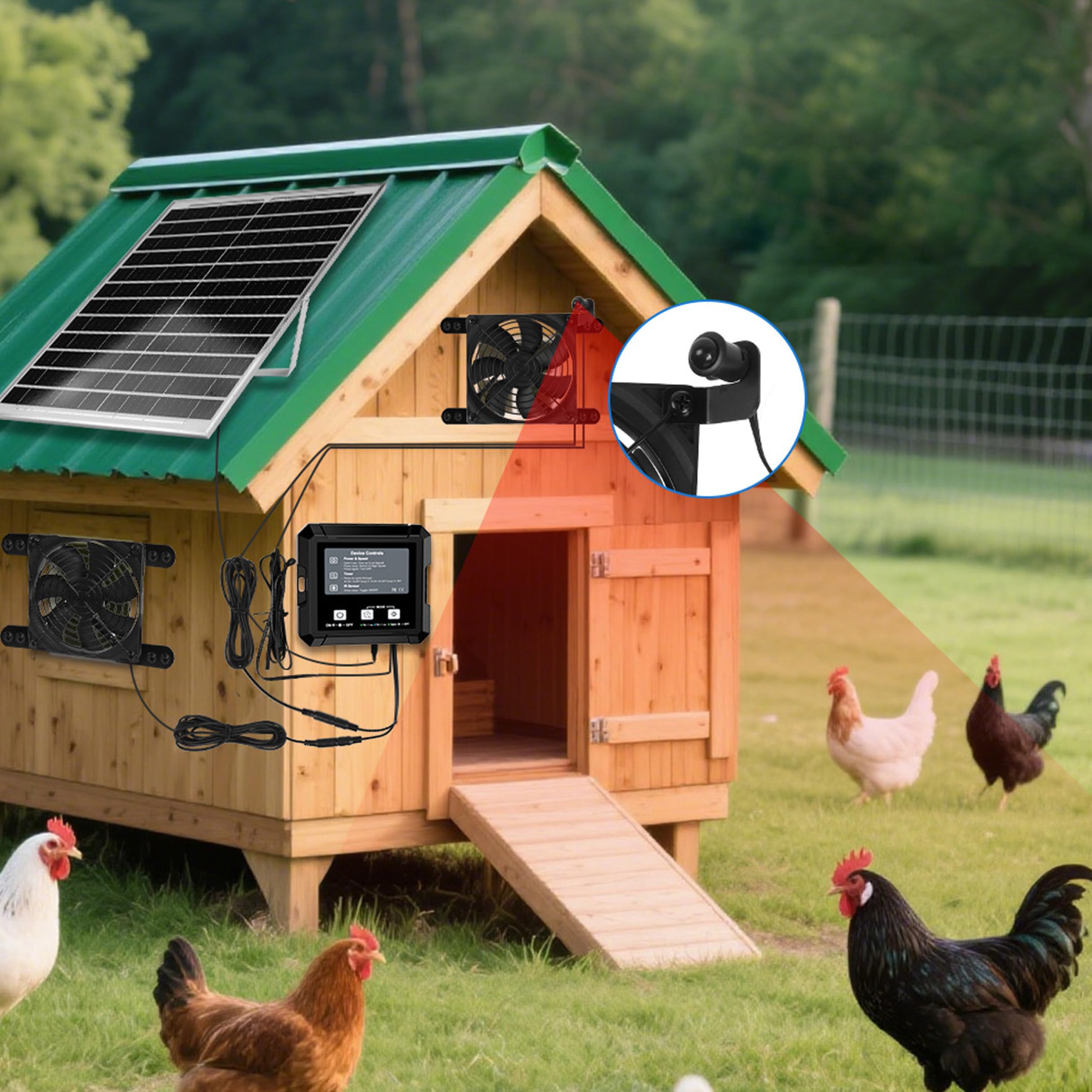 Ventilatore solare per pollaio, doppio ventilatore per pollaio con sensore di luce Avvio/arresto automatico e timer Ventilatori solari per serre, alimentati