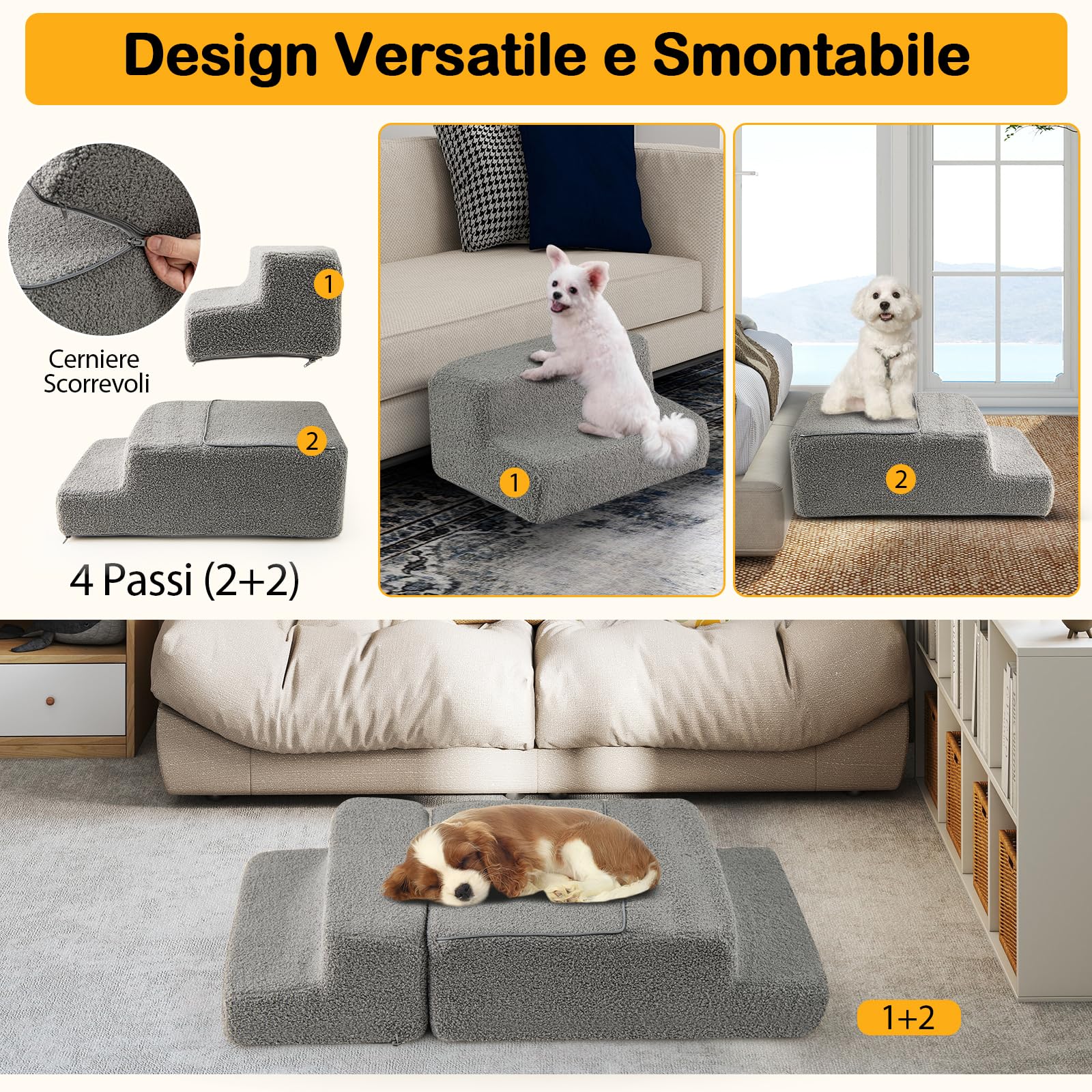 COSTWAY Rampa per Cani con 4 Gradini per Animali Piccoli, Anziani e Feriti | Scalette in Schiuma Piehgevole con Fondo Antiscivolo e Copertura Rimovibile e Lavabile per Letto Alto Divano