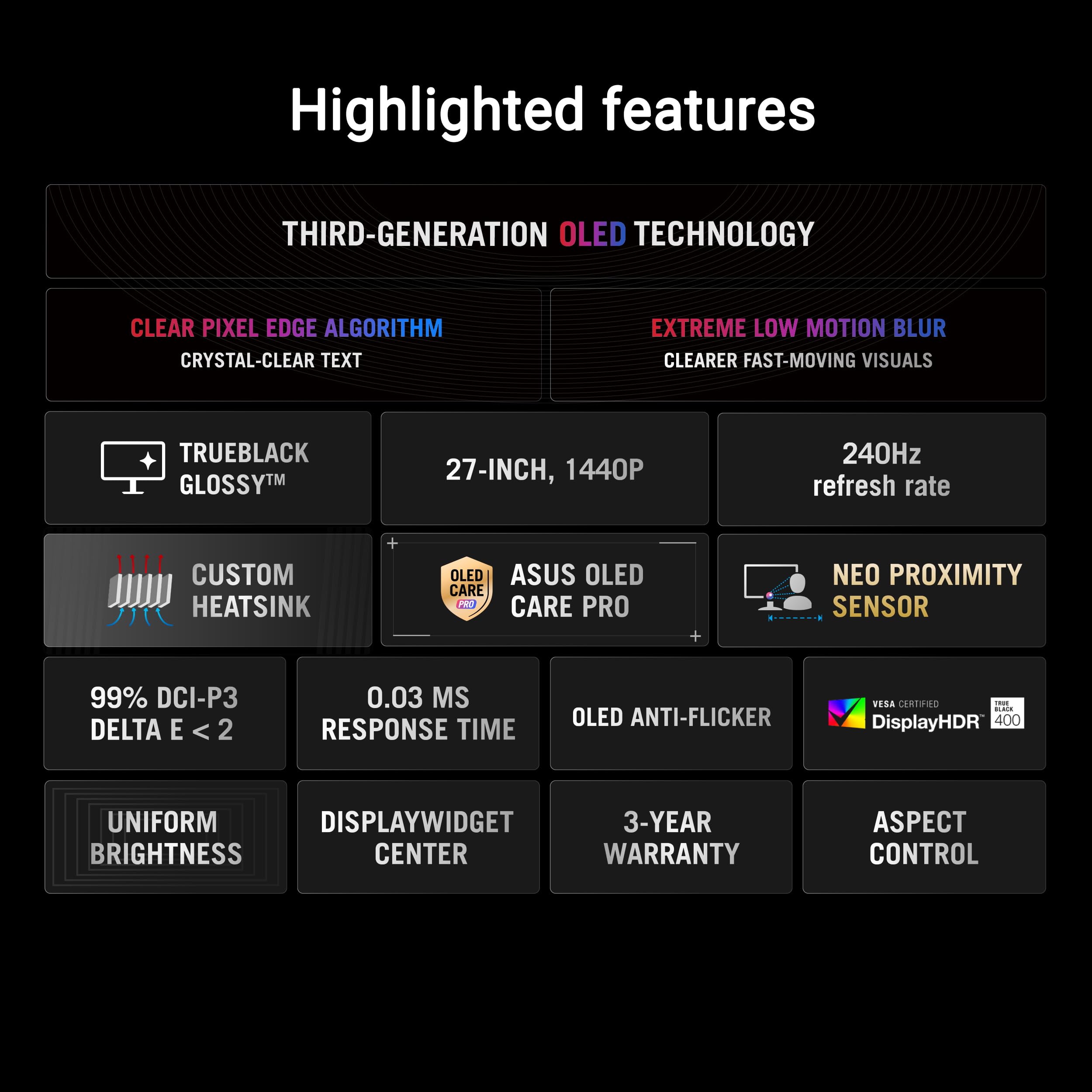 ASUS ROG Strix 27” OLED Gaming Monitor (XG27AQDMGR) - 27-inch (26.5-inch viewable) 1440p TrueBlack Glossy, 240 Hz, Neo Proximity Sensor, OLED Care Pro, ELMB, DisplayWidget Center - 3