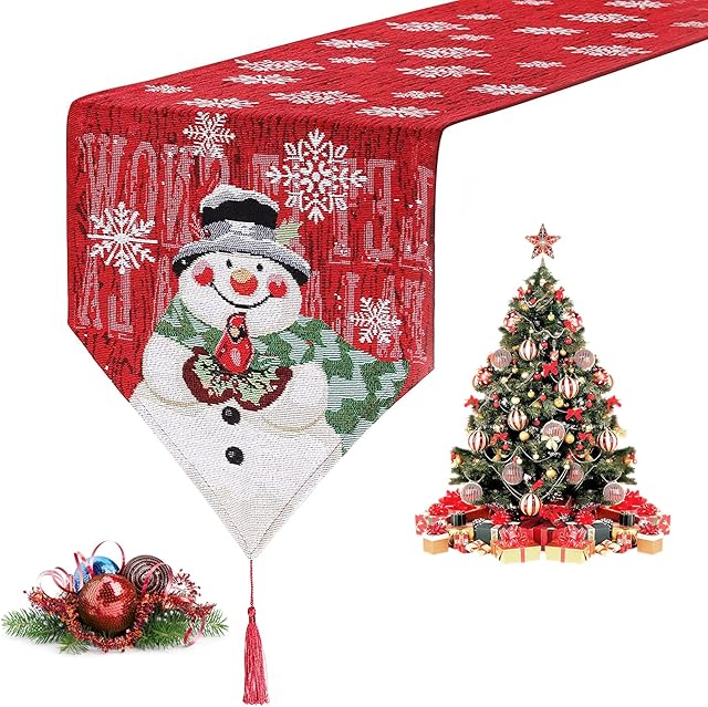 VidFair Christmas Table Runner Embroidered Christmas Tree Snowman Table Runner Christmas Tablecloth Christmas Decorations for Xmas Holiday Kitchen Dining Table Decoratio(13x72 inch)