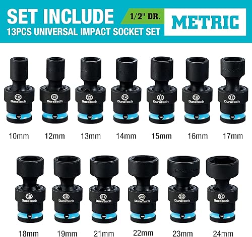 Miniatura 2 de DURATECH Juego de dados giratorios de impacto de 12 pulgada, 13 piezas de zócalos tambaleantes poco profundos, juego de llaves métricas de junta