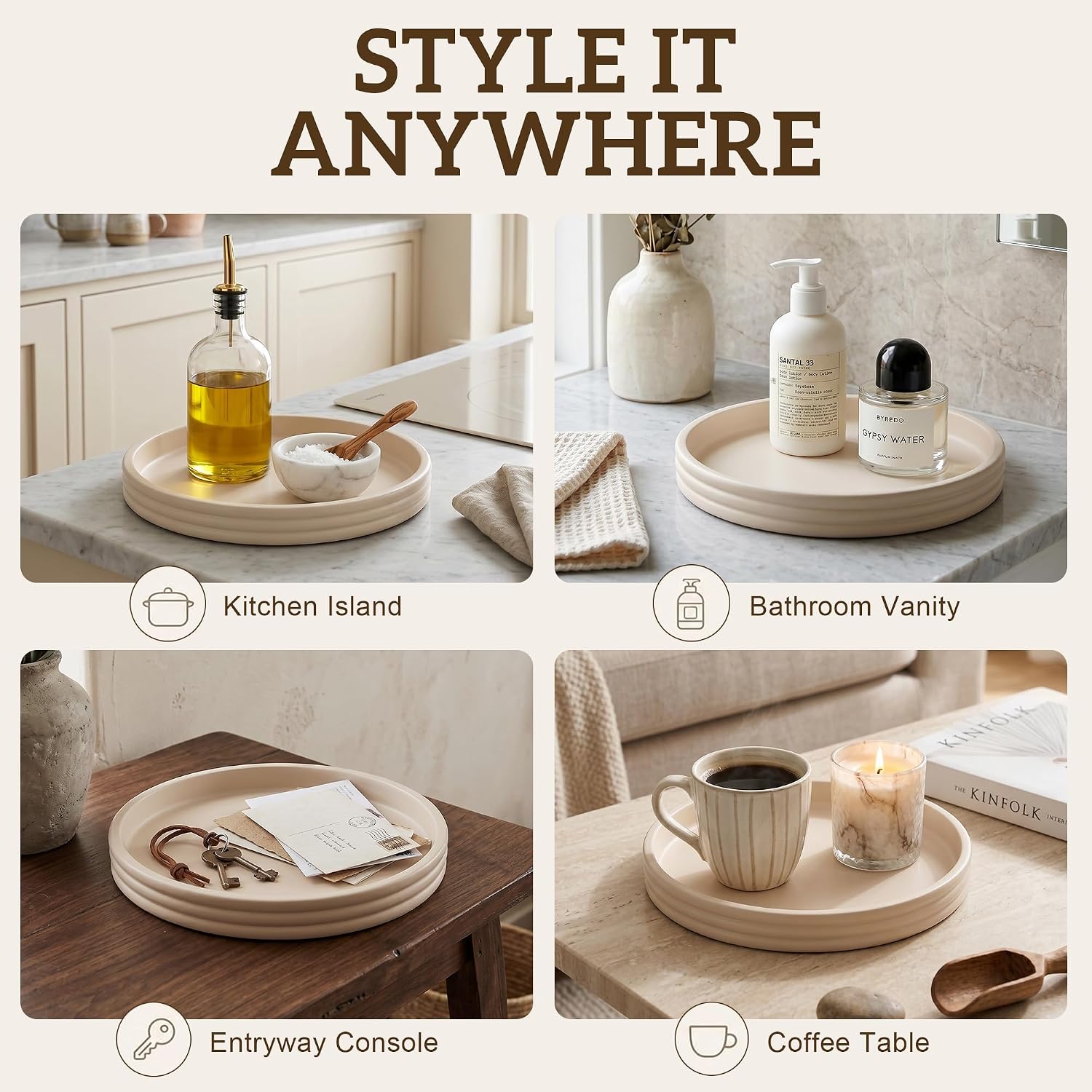 11in White Resin Coffee Table Tray Cork Base Vanity Bathroom Organizer | Matte White Round Decorative Coffee Table Tray, Serving Tray with Fluted Rim,Non-Slip Cork Base,Multi-Purpose Vanity Tray