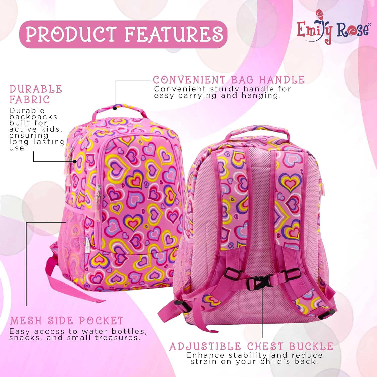 Emily Rose 16 Inch Kids Backpack for Girls - Elementary School Bookbag Bundle with Padded Straps, Spiral Notebooks, Folder & Pencil Set - Ages 5-12