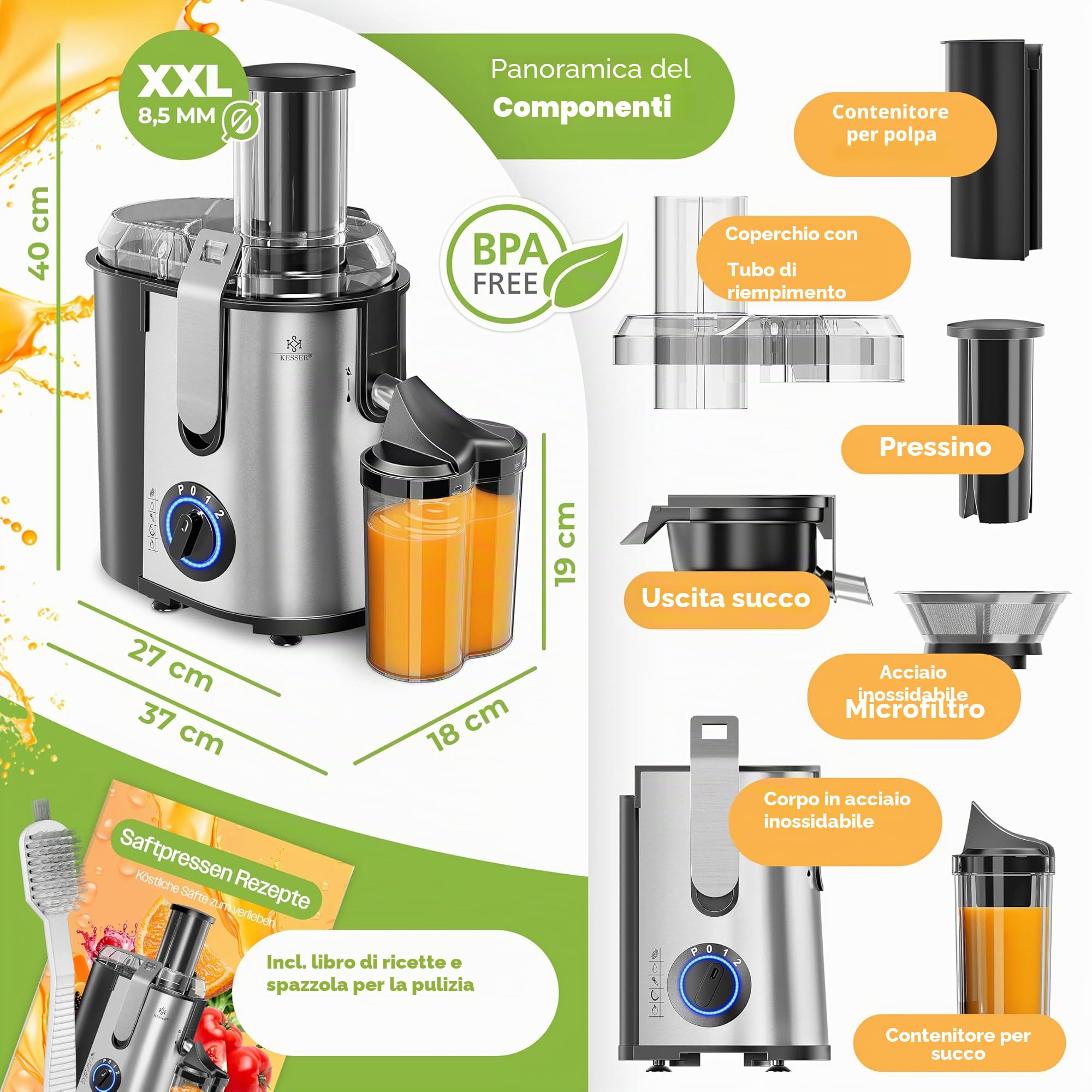 KESSER - Centrifuga Frutta e Verdura, 800W Estrattore di Succo a Freddo con 85MM Bocca Larga, Centrifuga in Acciaio Inox a Doppia Velocità con Funzione Antigoccia, Facile Pulizia, Senza BPA