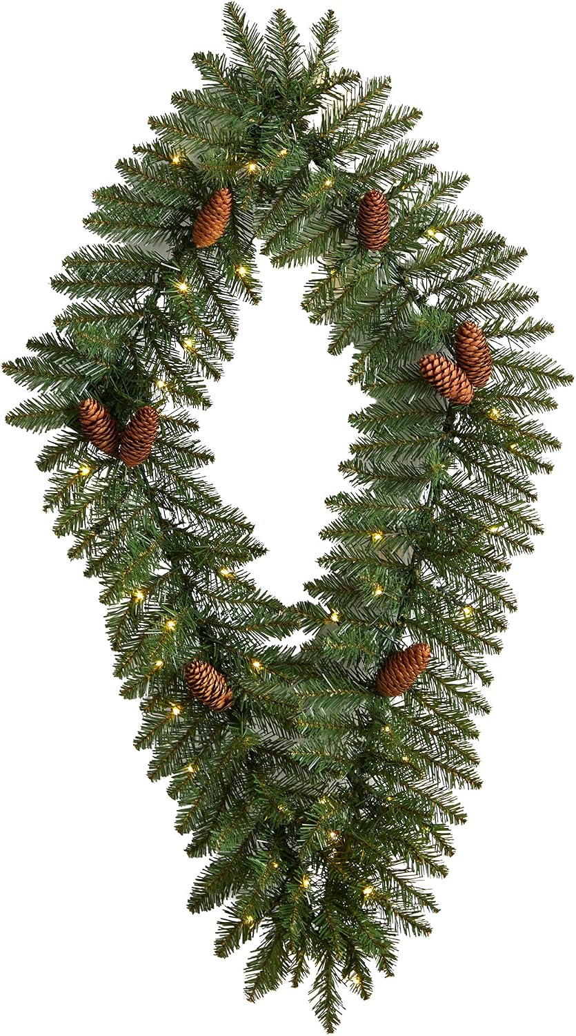 Nearly Natural 3ft. Holiday Christmas Geometric Diamond Artificial Wreath with Pinecones and 50 Warm White LED Lights