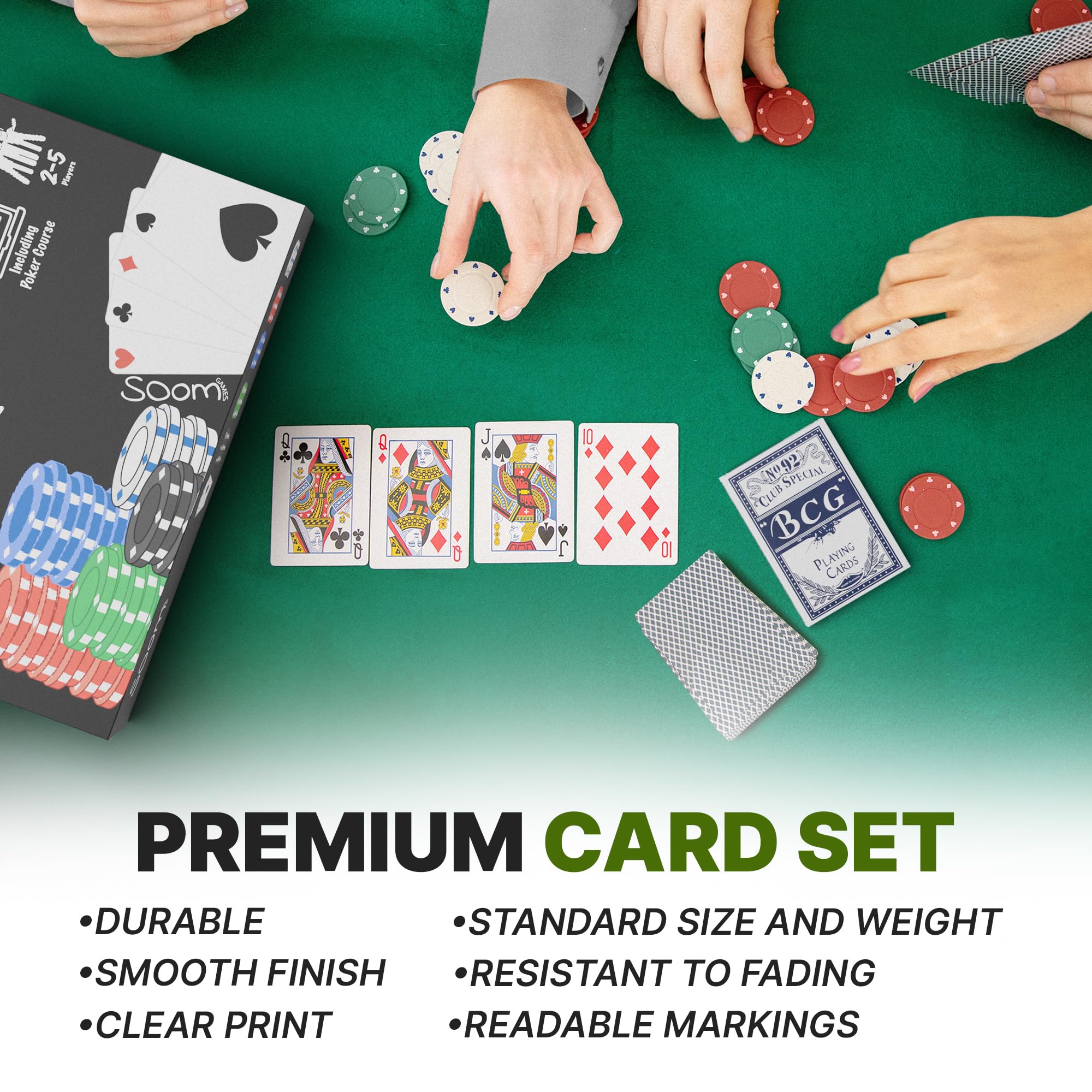 Soom Games Poker Set Compact Size with 110 Chips, Dealer Button, Big & Small Blind Buttons and Playing Cards - Image 3