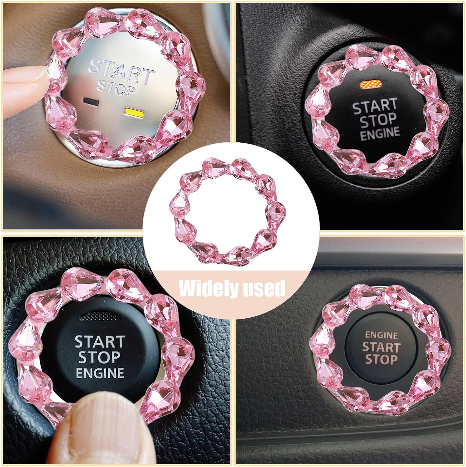 Car Push Start Button Cover with High-Precision Installation and Convenient Quick Starts 2pcs Pink Crystal Bling Universal Ignition Switch Decorative Ring for Women for Interior