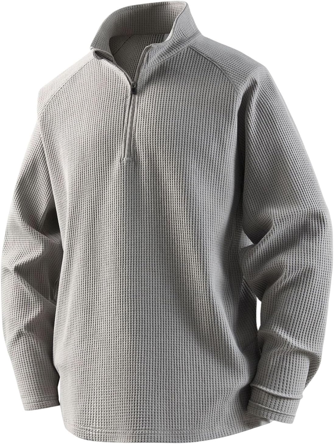 Mens Waffle Knit 1/4 Zip Pullover Long Sleeve Stand Collar Loose Sweatshirt Fall Winter Fashion Casual Sweater Tops