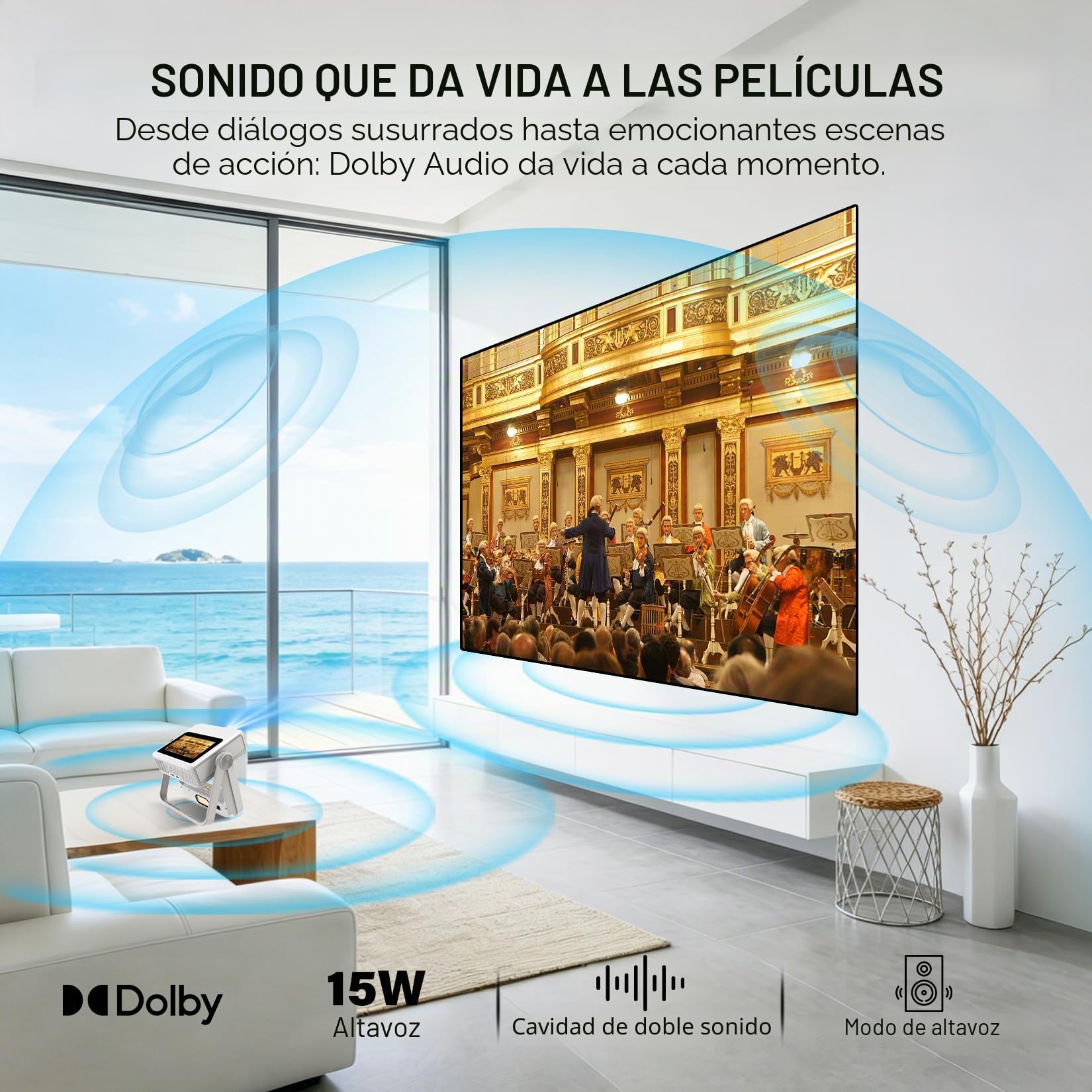 Proyector Inteligente Compatible 4K, Videoproyector Full HD 1080P con Pantalla Táctil, Doble Pantalla, 1200 ANSI, Enfoque Automático, WiFi 6 Bluetooth, 1000+ Apps, para Cine en Casa Dormitorio Camping