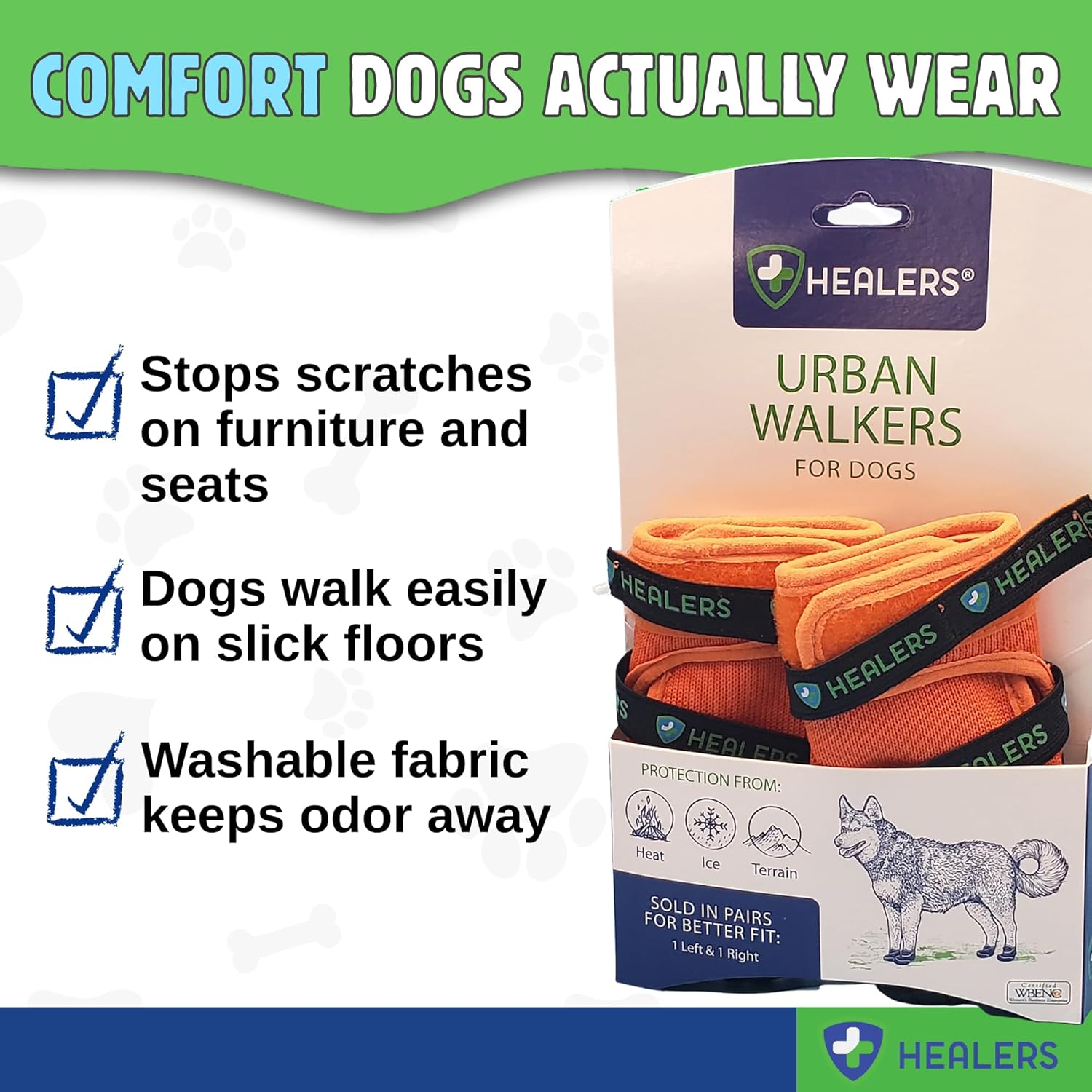 Healers Urban Walkers III Dog Boots – Paw Protection with Non-Slip Rubber Sole, Waterproof Breathable, Reflective Pet Booties for Dogs – Secure Hook and Loop Closure – 4-Pack Booties, Orange, Large