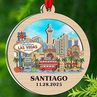 Personalized Las Vegas Cityscape Xmas Ornament with Year & Name, Las Vegas Nevada Trip 2 Layer Wood & Acrylic Ornament Gift for Friends BFF, Custom Year & Name Travel Lover Christmas Ornaments 2025