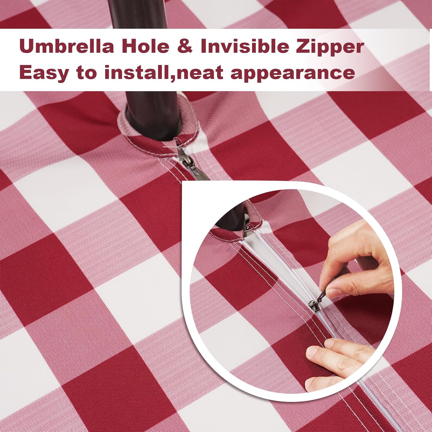 SquarePie Outdoor Tablecloth with Umbrella Hole and Zipper Rectangle Waterproof Table Cloth Spillproof Table Cover for Camping Picnic Patio Garden, 52x70 Burgundy Red Checkered