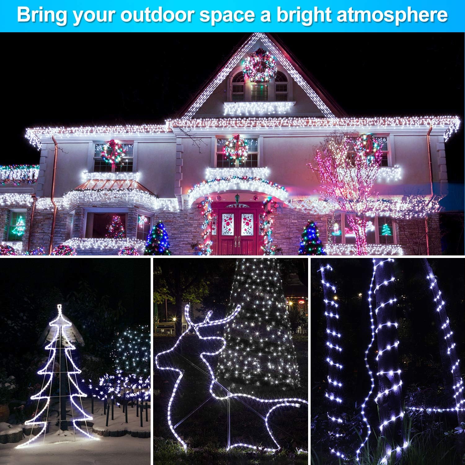 66Ft LED Rope Lights Outdoor 2 Pack Totally 132Ft, Daylight White 335 LEDs Waterproof Fairy String Light 8 Modes Flexible Dimmable Plug-in Twinkle Rope Light for Bedroom Patio Christmas Party