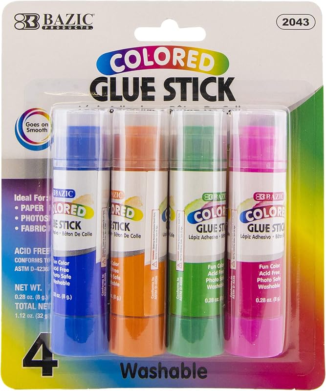 Washable Colored Glue Sticks, 0.28 oz, 4 Count | 0.28 oz (8g) each, Go on in color so kids see coverage, Twist-up, No-drip, For school and craft projects