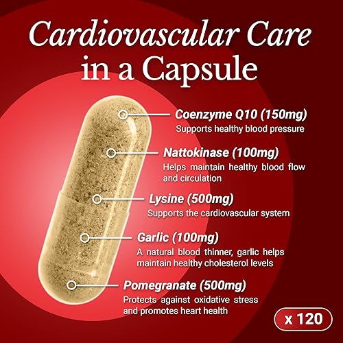 Miniatura 4 de Suplemento cardiovascular CoQ10 150mg - Coenzima Q10, nattoquinasa, granada, ajo y lisina para el colesterol en la sangre, circulación, suplemento