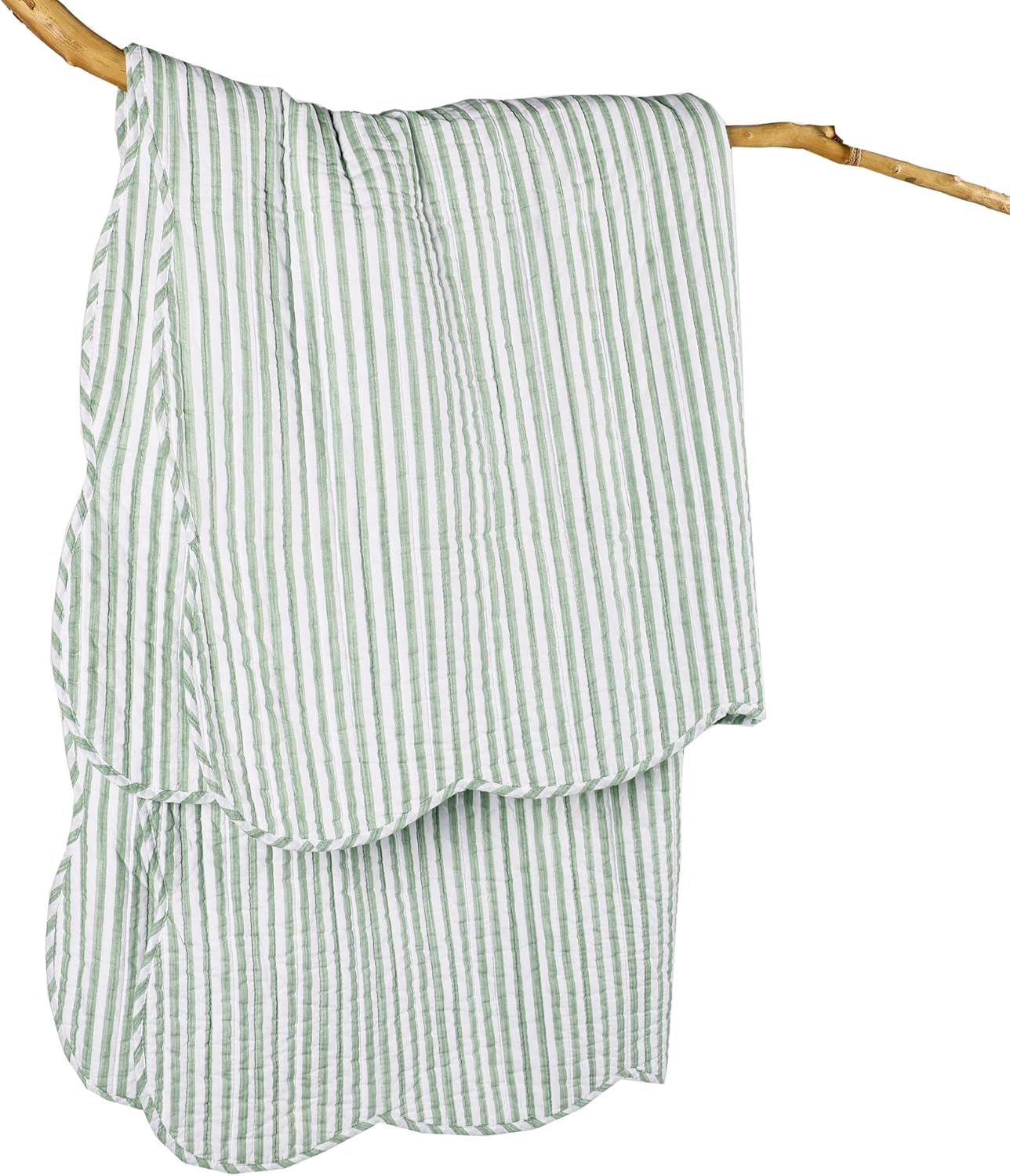 Levtex Home Martha Stripe Sage Quilted Reversible Throw (50x60in) - Stripe Bedding - Sage, White - Cotton Throw - Scalloped Edge - Image 4
