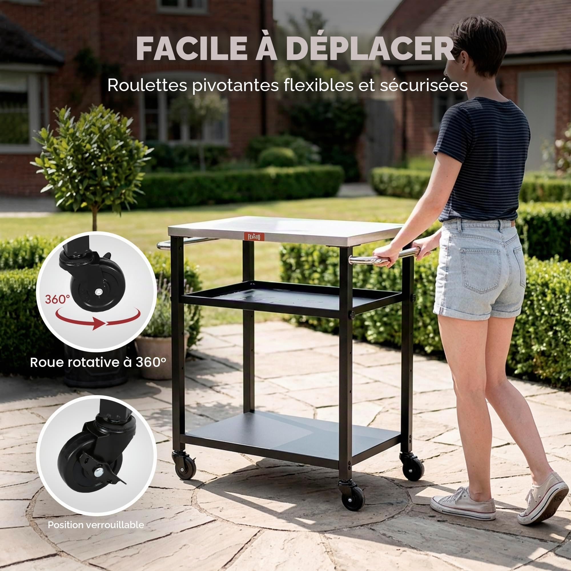 Feasto Table de Grill à 3 étagères, Support de Four à Pizza avec étagère réglable, Chariot de Barbecue Mobile, pour extérieur, Chariot de Bar avec roulettes, Plateau en Acier Inoxydable, 86,4 x 40,6