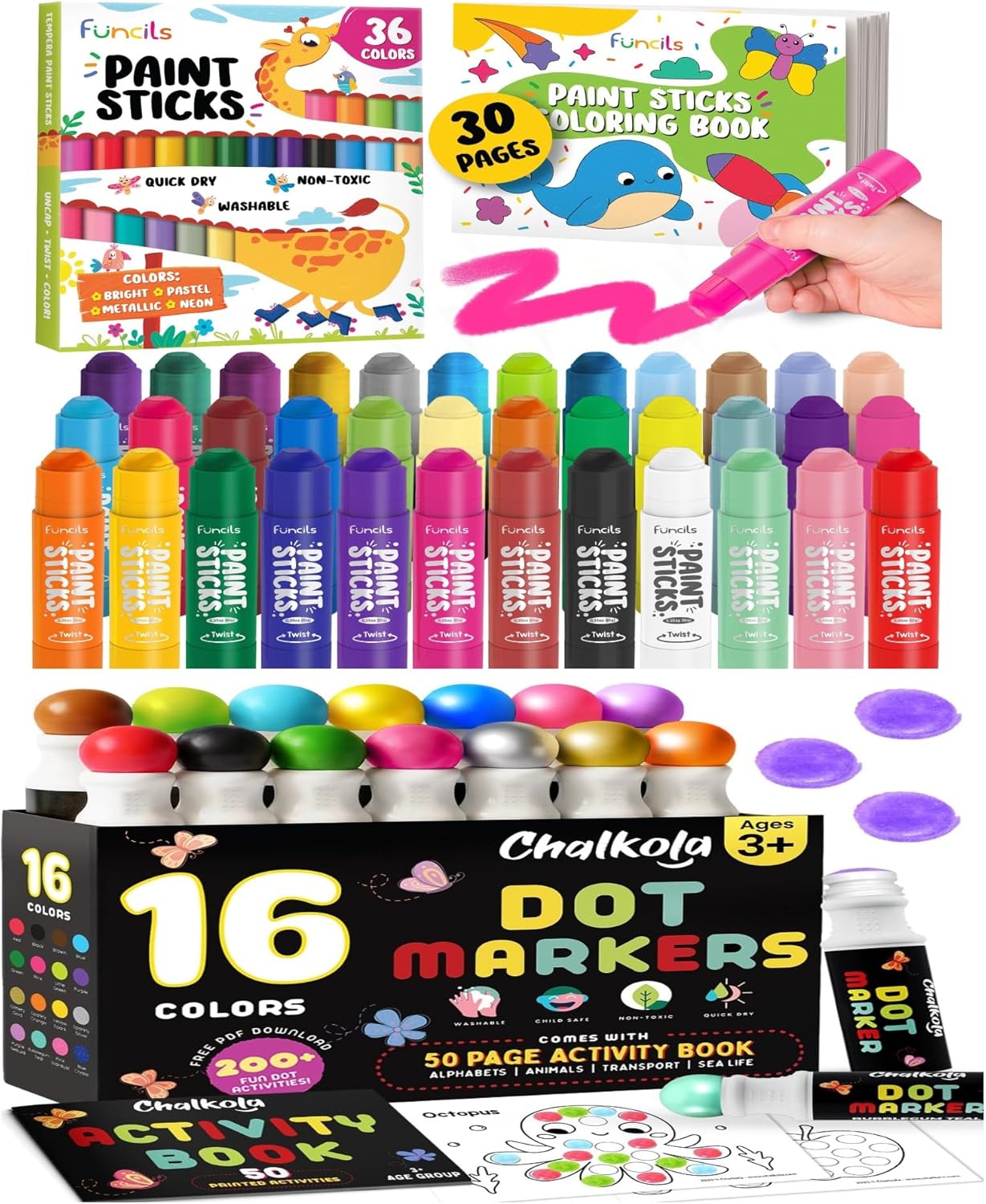 36 Tempera Paints and 16 Dot Markers Bundle