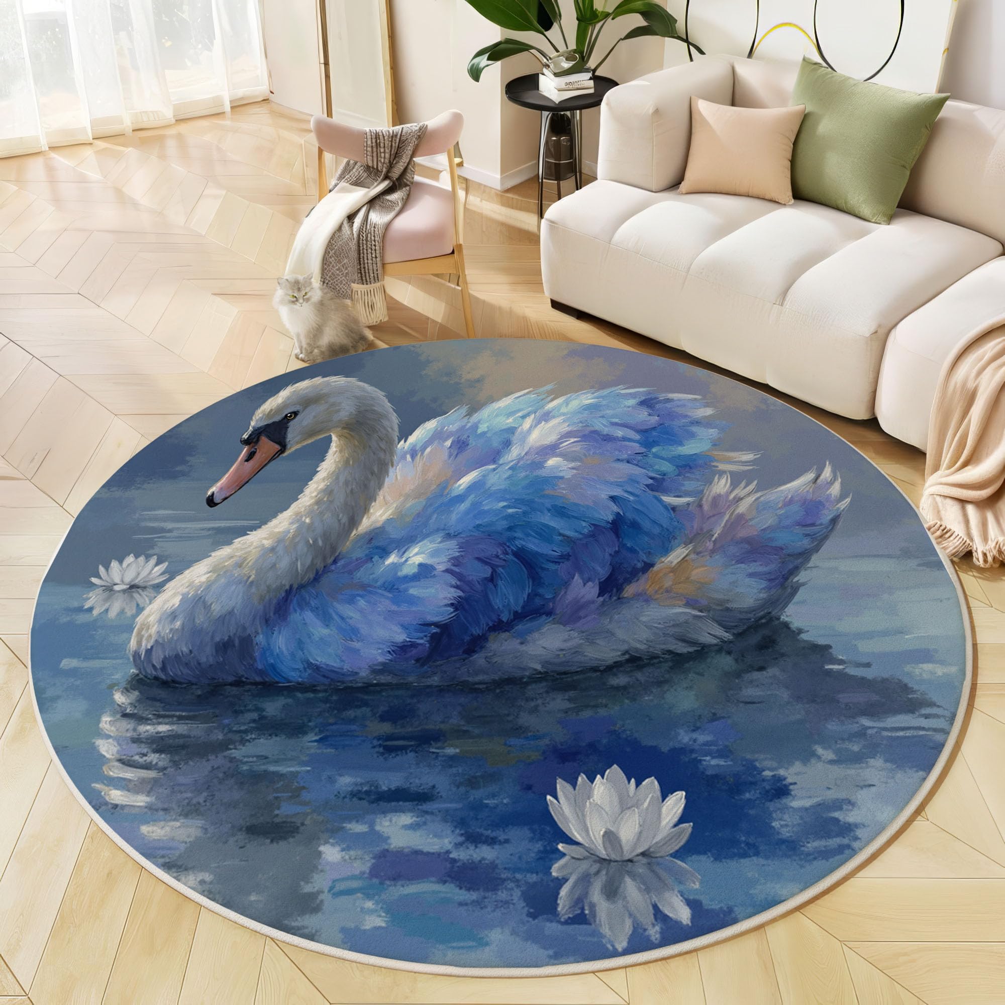 Tapis enfant cygnes bleu ciel pour un coin lecture douillet