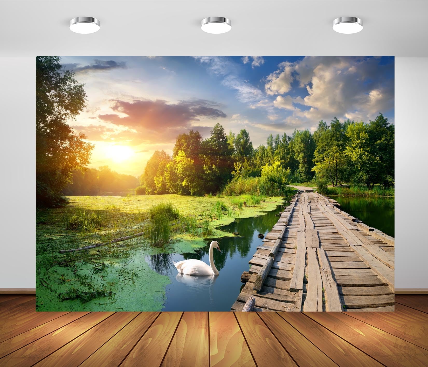 Sfondo Fotografico CORFOTO 3.5x2.5m – Lago Con Cigni E Natura – Tessuto Poliestere Stampato Per Feste, Matrimoni E Decorazione - 3