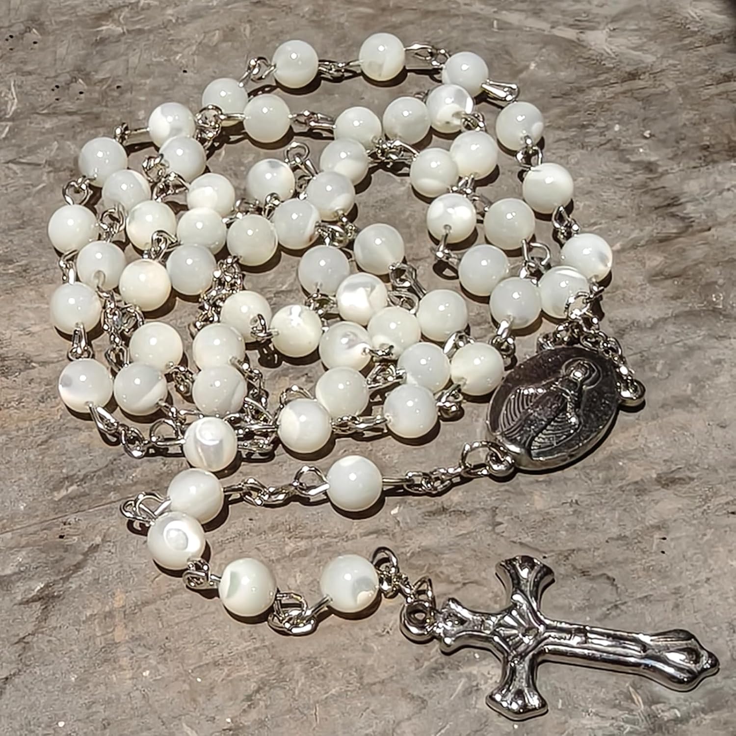 rosary beads catholic for women and men, 6mm White Trochus Shell rosary beads with Ornate Silver Crucifix and Virgin Mary Medal - Image 4
