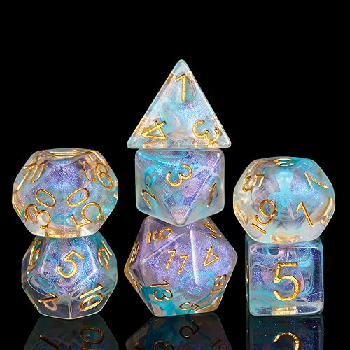 UDIXI Juego de dados poliédricos de 7 dados con purpurina y remolinos cian DND para juegos de rol de Calabozos y Dragones (rosa cian)