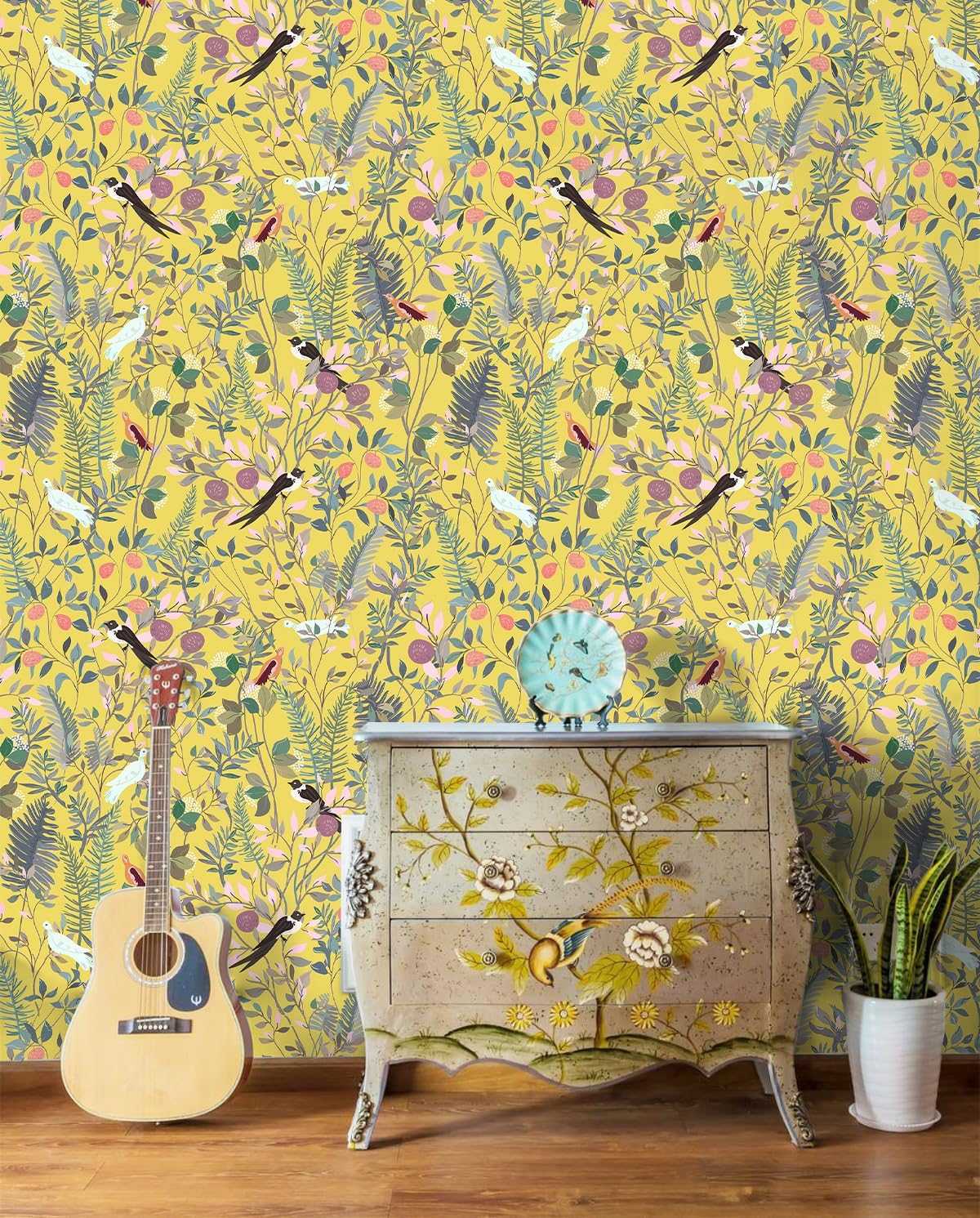 HAOKHOME Peel and Stick Wallpaper Yellow Botanical Bird Chinoiserie Vintage Wall Paper Self Adhesive Contact Paper for Accent Wall Shelf Liner 17.3in x 9.8ft