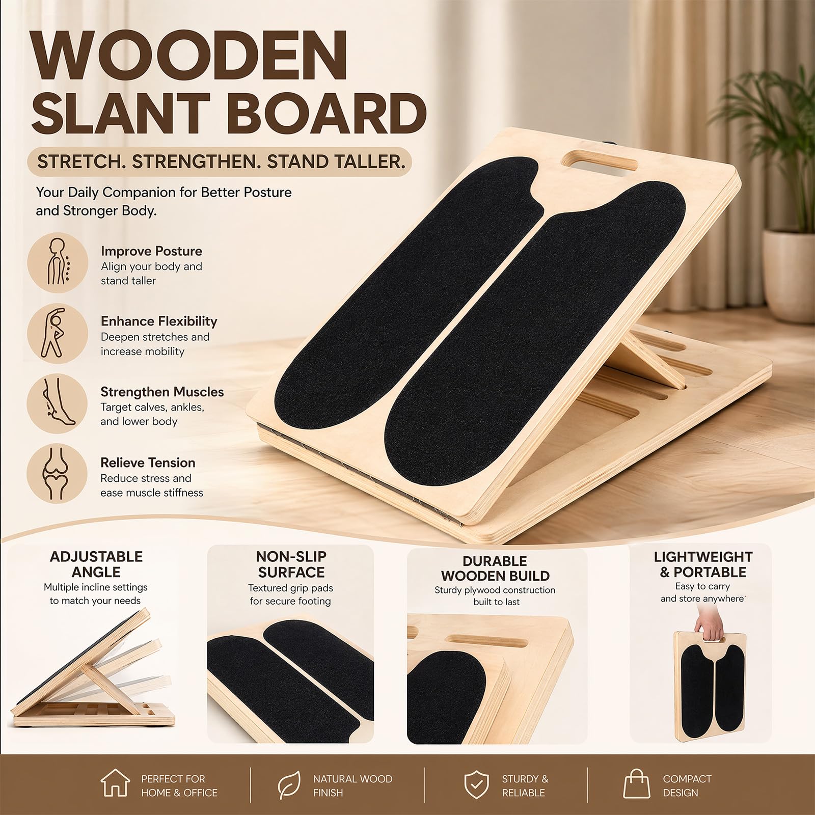 Panca inclinata per allungare i polpacci in legno, tavola obliqua 2 in 1 con 5 angoli e maniglia da trasporto, balance board per l’equilibrio, allenatore polpacci pieghevole