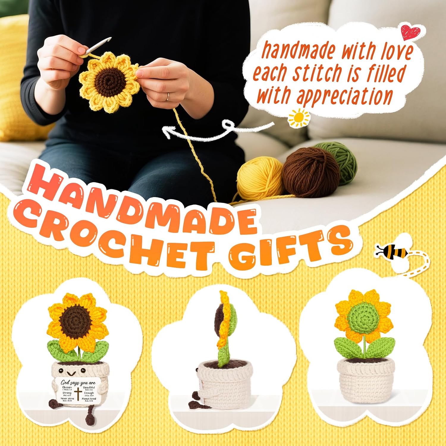 Christian Gifts for Women, Handmade Sunflower Crochet with Bible Verse Card | Inspirational Religious Faith Based Spiritual Bible Gift for Women Friend Sister, Christmas Encouragement Baptism Present