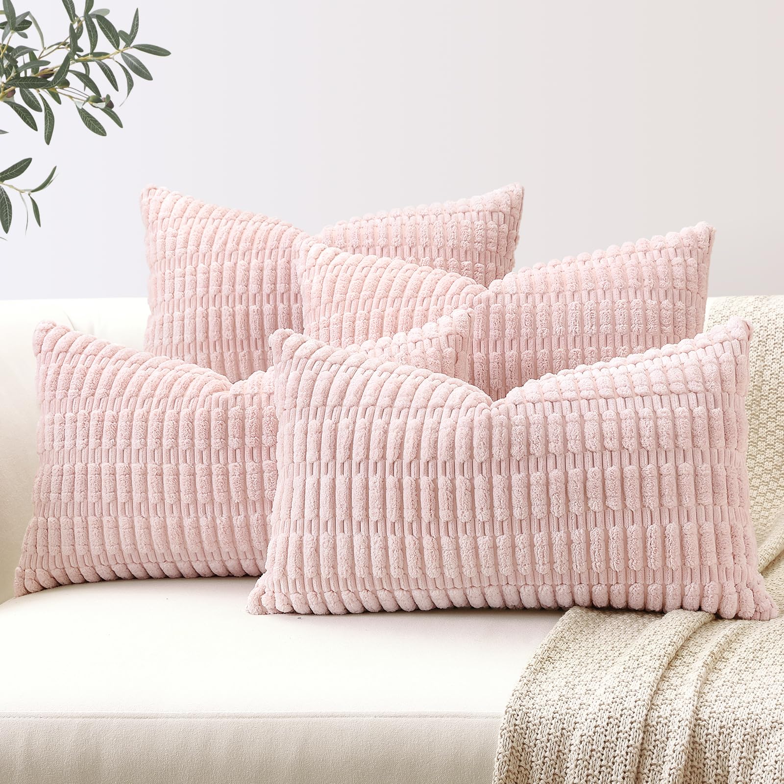 Sungeek Set of 4 Soft Corduroy Decorative Cushion Covers 40x60cm Lumbar Striped Throw Pillow Covers 16x24 Inch for Sofa Couch Living Room Patio Farmhouse Boho Home Decor Pillowcases (Pink)