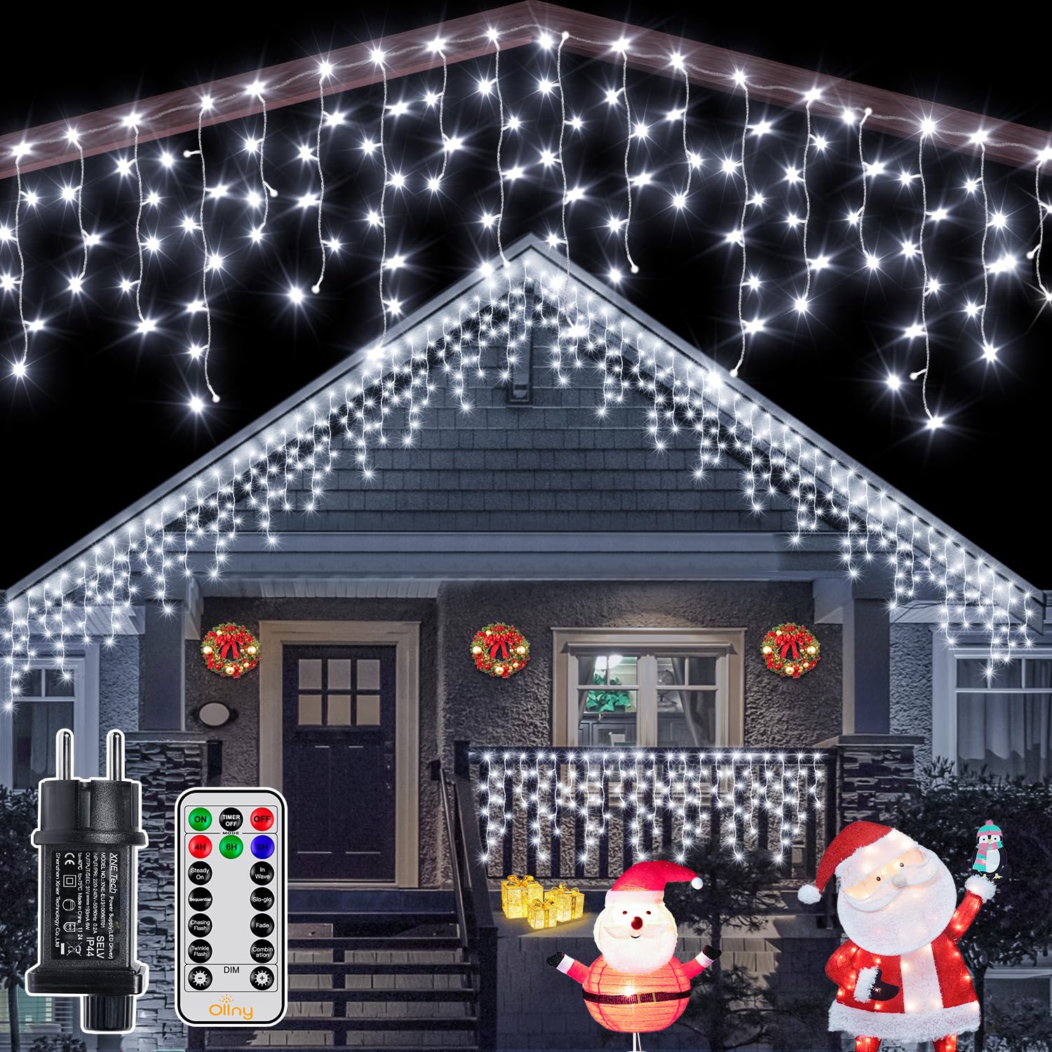 Ollny Eisregen Lichterkette außen 12m 504LEDs 84 Saiten Weihnachtsbeleuchtung außen Kaltweiß IP44 wasserdicht 8 Modi mit Fernbedienung Timer EU Stecker für Pavillon Balkon Beleuchtung