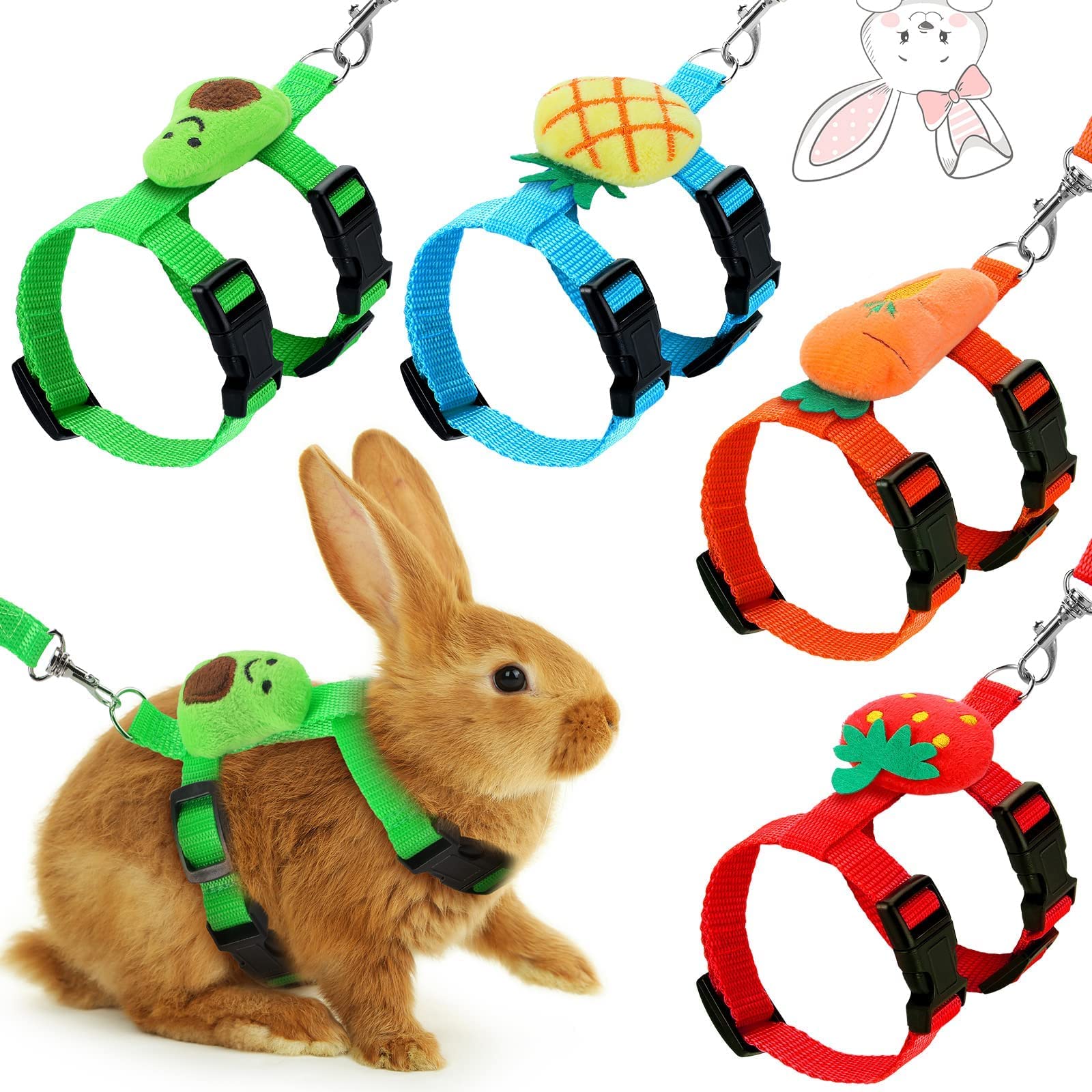 Bunny Rabbit Harness, 4 Sets Leash Set, Small Pet Cute Vest Harness Leash, Ferret with Decorations for Bunny Kitten Puppy, Small Pets (Fruit)
