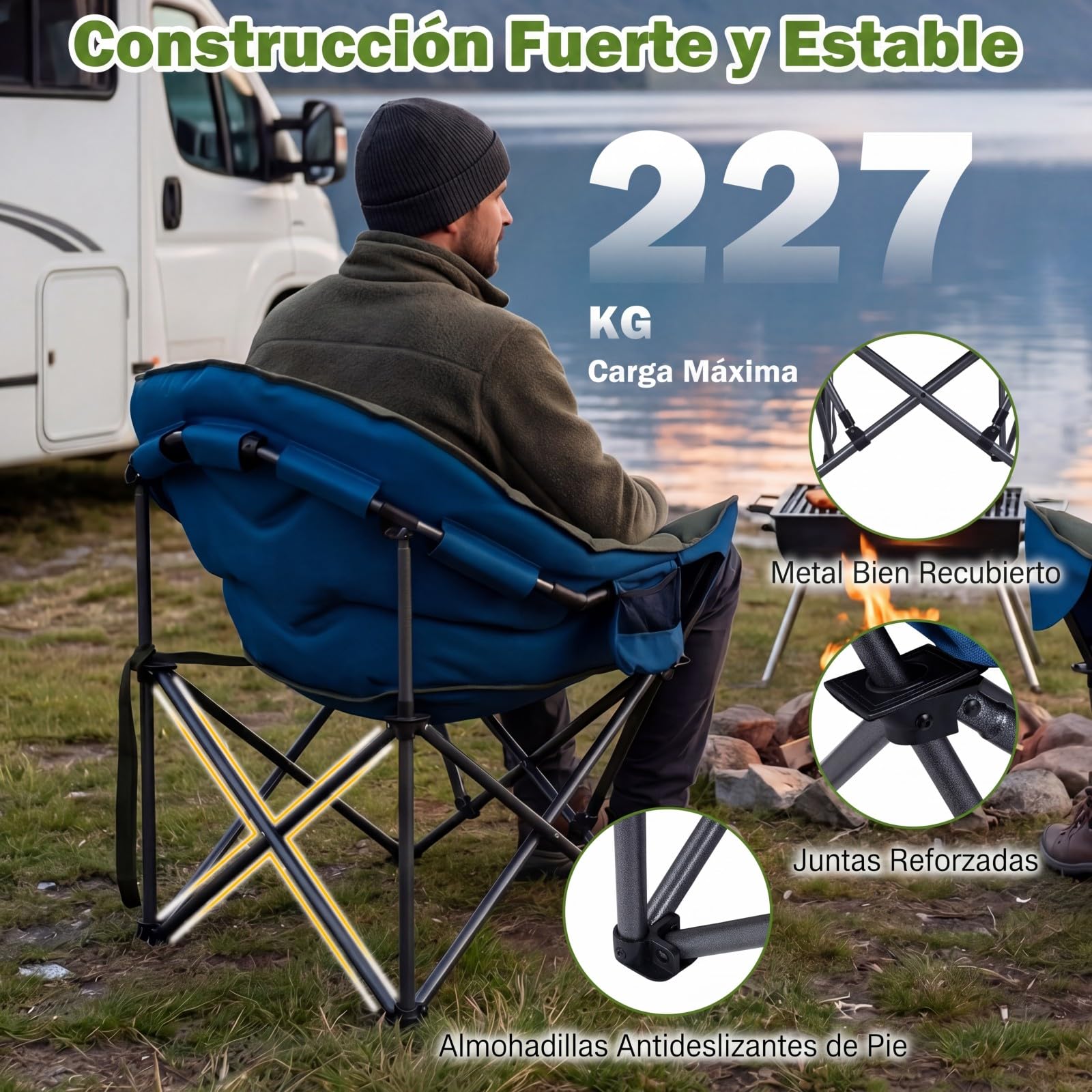 COSTWAY Silla Camping Plegable XXL, Sillón Aclchado Grande, Estructura Metálica, Portavasos, Bolsa de Transporte, Silla Exterior Portátil Playa Picnic Pesca, Carga 227 kg, 74 x 90 x 99 cm (Verde)