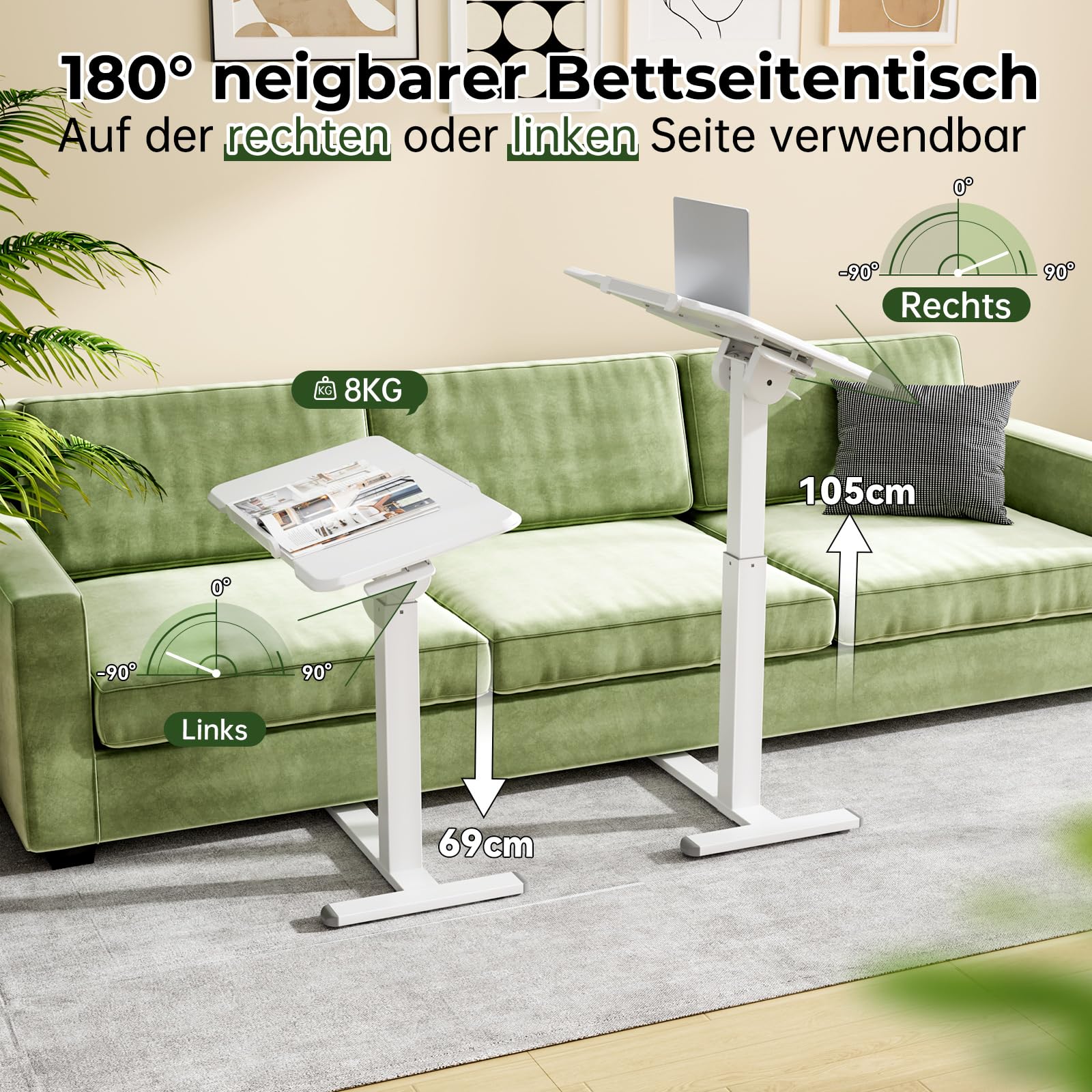 Gibbon Mounts 180° klappbarer höhenverstellbarer Beistelltisch mit Rollen | Weißer C-förmiger Laptoptisch m. 4 feststellbaren Rädern, beidseits klappbare Tischplatte, perfekt Beistelltisch & Couchtisch