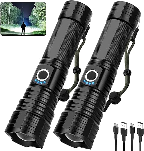 Linternas recargables de alto lúmenes, 900000 lúmenes, linterna súper brillante, paquete de 2 luces LED de alta potencia, 5 modos12 horas de tiempo