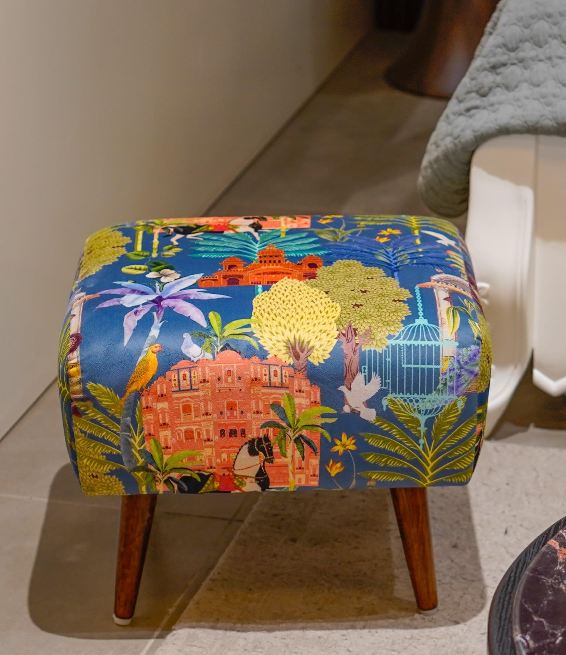 The Artage Puffy Stool for Living Room Sitting Printed Premium Foam Cushioned Pouffe Ottoman for Foot Rest Stool for Home Decor Furniture with 4 Wooden Legs (Floral) (Blue Royalty)