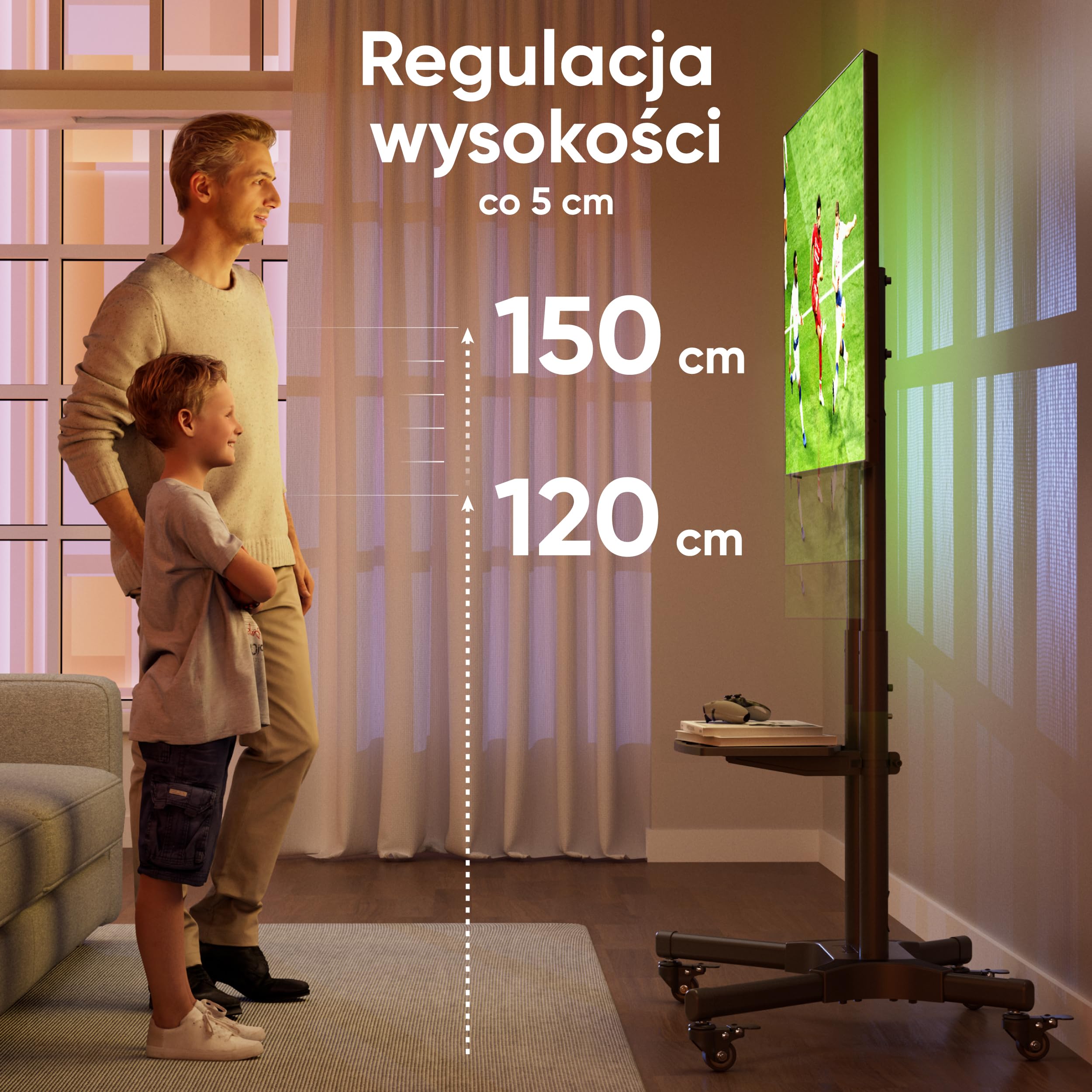 ONKRON Stojak na telewizor na kółkach dla ekranów 32" - 65" do 50 kg, regulowany na wysokość max VESA 600x400 - Uniwersalna podstawa TV/Wózek na telewizor z kółkami, czarny TS1351-B