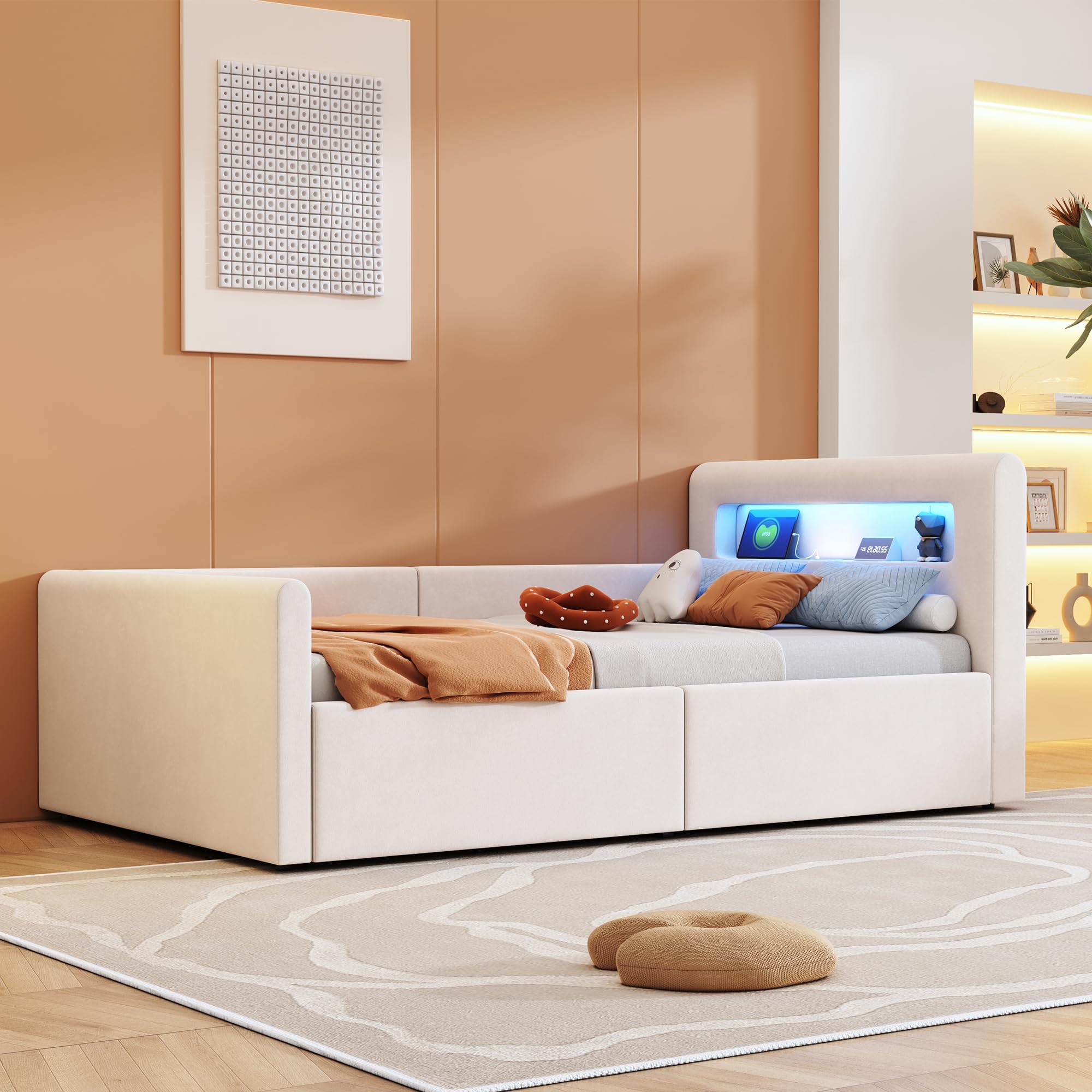 Lubvtti Letto singolo imbottito 90×200cm, Letto contenitore con luce LED e porta USB, Con vano portaoggetti, Letto per bambini con vano contenitore idraulico, Velluto, Beige (materasso non incluso)